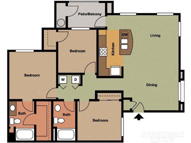 Floor plan for 3 beds, 2 baths, 1250 sqft